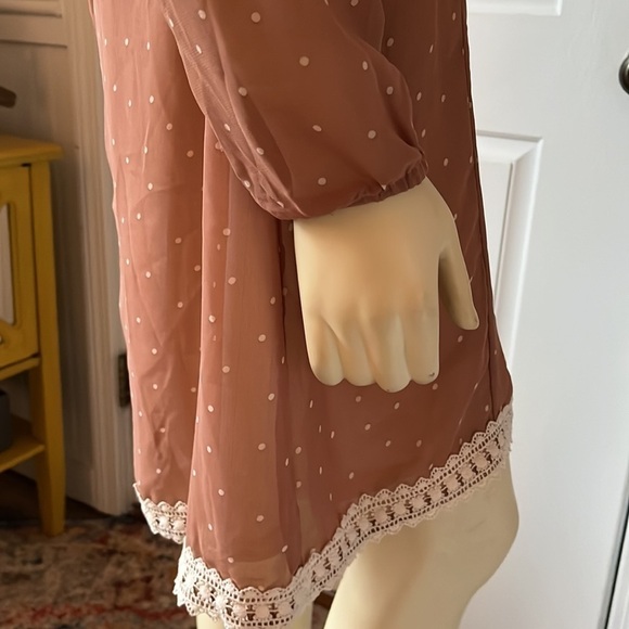 𝅺NWT Mismash Sheer Bubble Sleeves Taupe with Cream Polka Dots Dress M - Picture 5 of 12